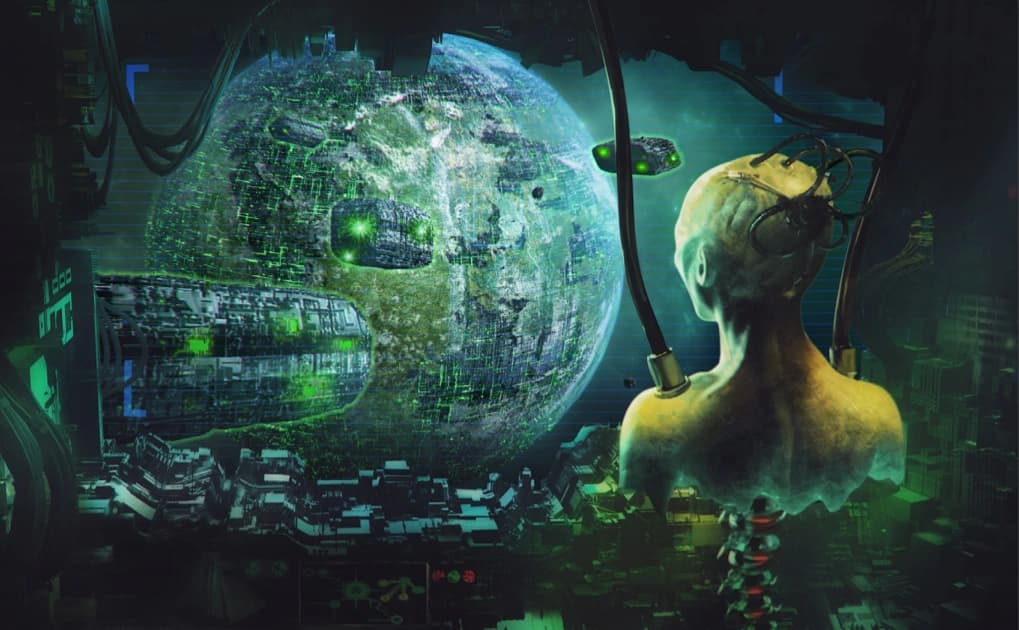 A Borg drone gazing at an assimilated Borg sphere planet covered in green-lit infrastructure